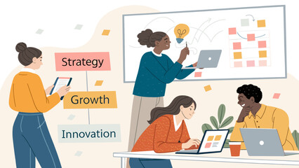 Diverse team collaborating on business strategy, growth, and innovation, utilizing laptops and a whiteboard for idea generation and project planning in a modern office.