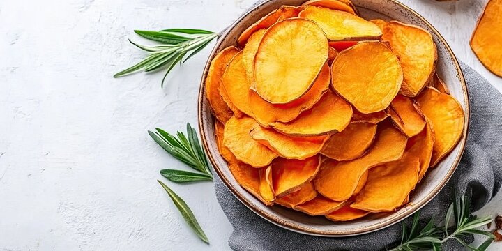 Crispy Sweet Potato Chips in a Bowl with Rosemary