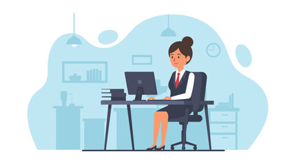 A focused businesswoman works diligently at her office desk on a computer, embodying productivity and corporate success. Ideal for business, technology, and professional lifestyle concepts.