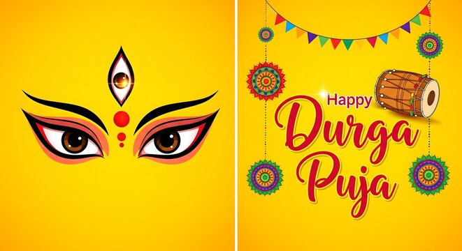 Happy Durga Puja festival greeting with Goddess Durga eyes illustration, traditional dhak drum, colorful hanging decorations and festive bunting on yellow background, cultural design for Durga Puja ce