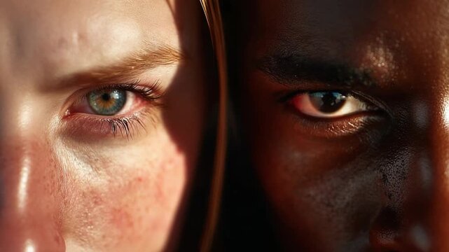 Intense Gaze: Close-up shot revealing the distinct features of two diverse faces, their eyes locking in a moment of profound connection. capturing their emotions and expressions