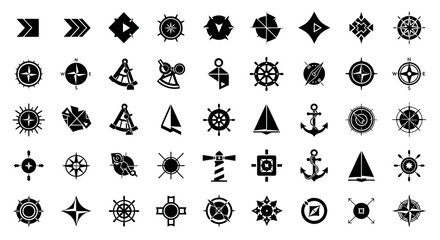 Collection of black and white nautical themed graphic design elements.