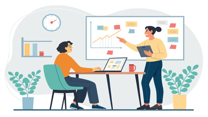 Two businesswomen collaborate, analyzing data and discussing strategy on a whiteboard in a modern, productive office setting.