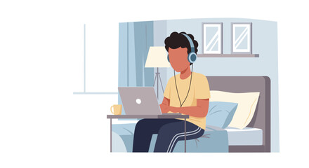 Young person with headphones working comfortably on a laptop in bed, representing remote work, online education, or leisure.