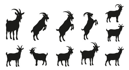 Collection of black goat silhouettes in various poses, standing and rearing.