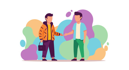 Two men in modern flat illustration style engaging in a handshake or exchange. Represents partnership, agreement, networking, collaboration, or meeting.