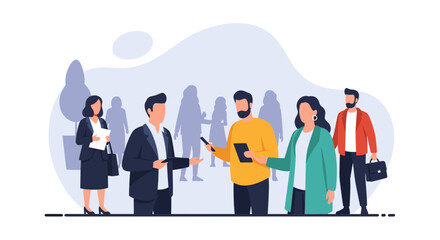 Diverse business professionals collaborate and network, discussing ideas in a dynamic professional setting. Ideal for themes of teamwork, communication, and corporate development.