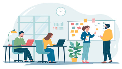 Diverse team of professionals collaborating and working productively in a modern, vibrant office environment. Ideal for business, teamwork, and startup concepts.