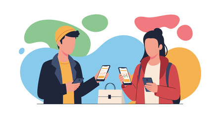 Couple using smartphones for financial analysis and digital transactions, representing mobile banking, online business, and modern lifestyle technology.