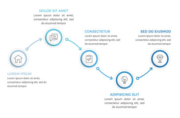 Business workflow infographic template with five steps connected by arrows