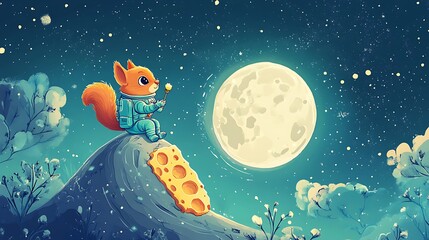 Squirrel astronaut on snowy mountain moonlit landscape