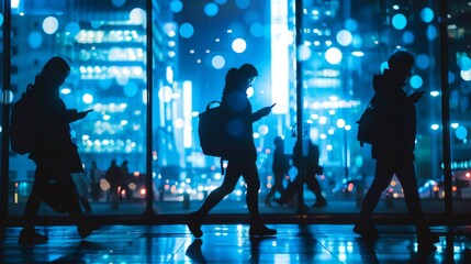 People walking and using smartphones in a futuristic city at night