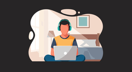 Young person in headphones working or studying on a laptop at home, embodying remote work, online education, or leisure. Ideal for lifestyle and technology concepts.