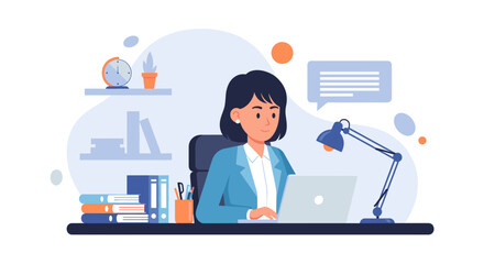 Professional woman working diligently at her desk with a laptop, files, and lamp, embodying productivity and a modern work environment.