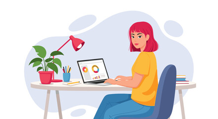 Young woman focused on remote work, analyzing data on her laptop from a comfortable home office setup. Ideal for business, education, or lifestyle content.