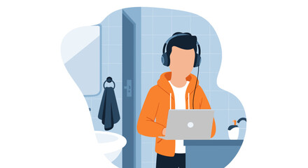 Person in headphones working on a laptop in a bathroom. Concept of remote work, flexible hours, and unique workspaces.