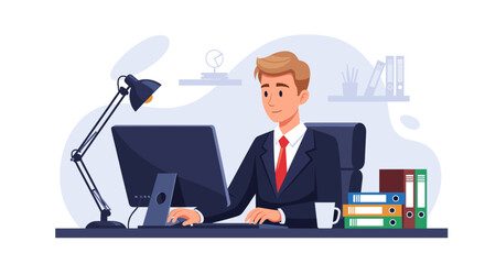Young businessman in a suit works at his office desk on a computer, depicting professional tasks, productivity, and corporate roles.
