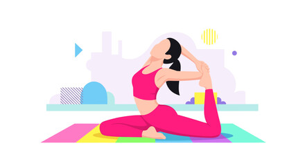 Woman in a vibrant pink outfit practicing a challenging yoga pose on a colorful mat, embodying fitness, flexibility, and a healthy lifestyle.