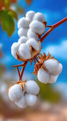 Close-up of ripe cotton bolls growing on a branch against a blurred blue sky, representing a successful harvest season and the potential for textile production