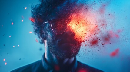 A man with a fiery explosion emerging from his face. Abstract concept for creativity, emotions, and passion.