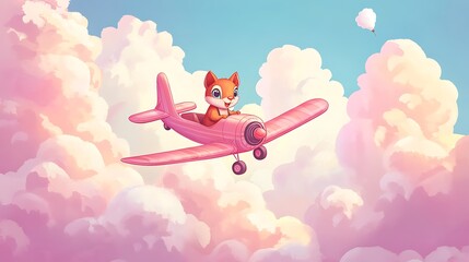 Squirrel flying airplane pastel clouds