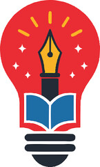 Vector logo of a light bulb with an open book and pen nib inside, symbolizing education, creativity, knowledge, literature, innovation, learning, and academic success.
