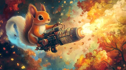 Squirrel flying on a mechanical gun autumn art