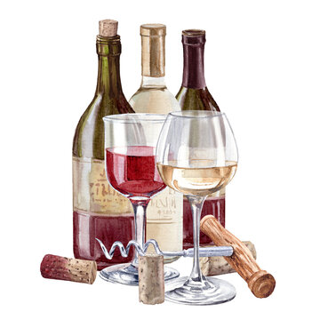 watercolor wine bottles and glasses clip art preview