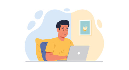 Smiling man diligently working on his laptop in a comfortable home environment, showcasing productivity and digital lifestyle.