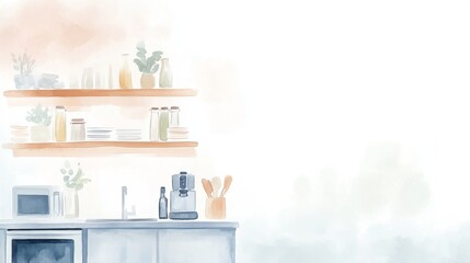 Contemporary Kitchen Design, vibrant watercolor depiction, sleek appliances, minimalist white backdrop, modern functionality, inviting atmosphere