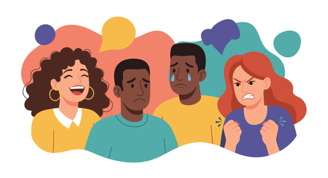 Diverse group expressing a range of human emotions: joy, sadness, and anger, depicting complex feelings and social interaction.
