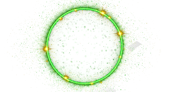 Green Circular Round with sparkles and flares, featuring abstract luminous particles and a Green stardust light effect on a transparent background. 