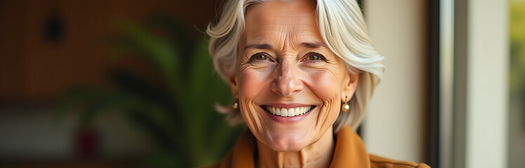 warm captures vibrant woman sixties beaming confidence poise set softly