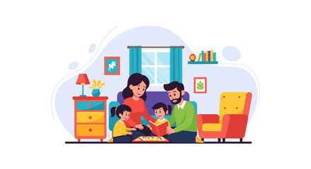 Happy family enjoying quality time reading together in their cozy living room. Captures joyful parenting, learning, and strong family bonds. Ideal for lifestyle and education.