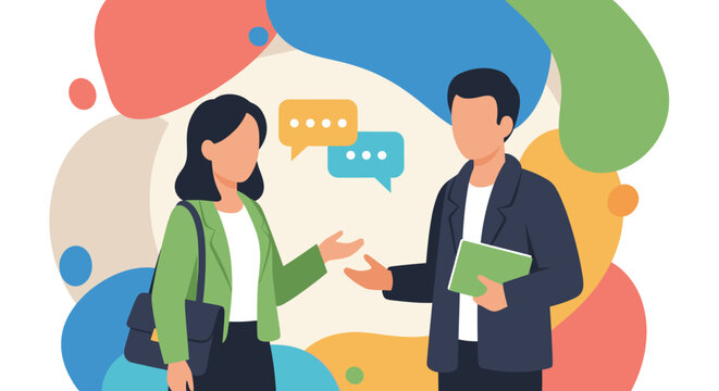 Two professionals engage in a conversation, symbolizing effective business communication, discussion, and teamwork. Ideal for concepts like coaching or partnership.