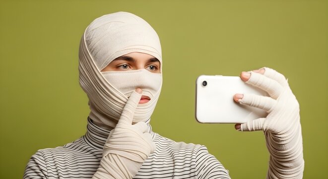 A man wrapped in bandages takes a selfie with a phone against a green background.