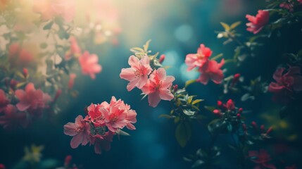 Pink flowers in a garden setting, beautiful pink flowers with green leaves in front of a blurred blue background with sunbeams shining through