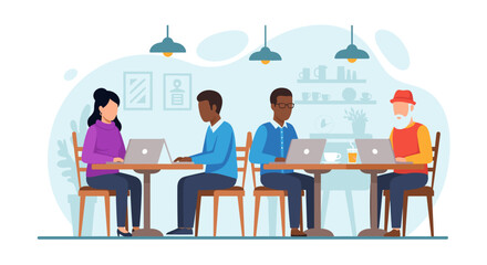 Diverse people working on laptops in a modern cafe setting. Represents remote work, business, technology, and flexible lifestyle. Ideal for co-working or online education.