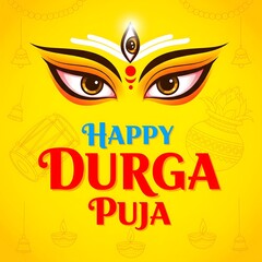 Happy Durga Puja festival greeting card with Goddess Durga eyes illustration, third eye, bindi and divine symbols on bright yellow background, spiritual design for Durga Puja celebration and devotion