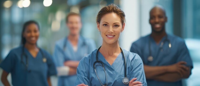 The dedicated healthcare professionals smiling confidently in a modern hospital setting. - Powered by Adobe