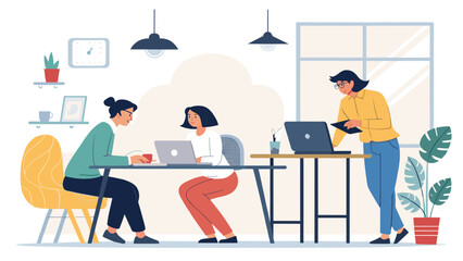 Diverse women collaborate in a modern office, working on laptops. Ideal for business, teamwork, productivity, and contemporary workspace concepts.