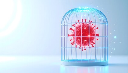 Futuristic medical concept of virus containment, with a dangerous coronavirus cell trapped inside a glowing blue digital cage.