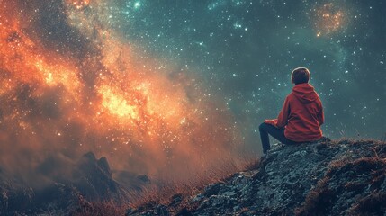 Fototapeta premium Silhouette of a man looking up at a nebula in the night sky, cosmic wonder, awe of nature, meditation, peaceful, contemplation