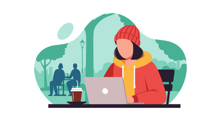 Young person in a casual beanie and hoodie works on a laptop outdoors, enjoying coffee in a park-like setting. Represents remote work, freelance, and a modern lifestyle.