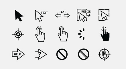 Essential user interface icons, cursor symbols and click actions for websites and app design projects