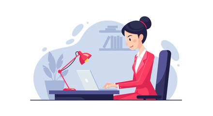 Professional woman in a red suit working diligently on a laptop at her desk, symbolizing productivity, remote work, and modern business efficiency.