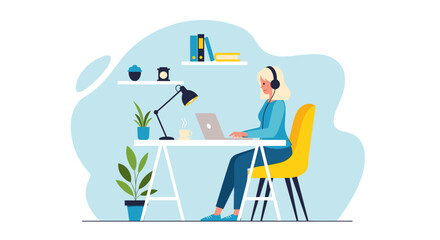 Young woman with headphones focused on her laptop in a modern home office, representing remote work, online learning, and productivity.