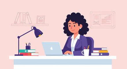 Smiling professional woman working diligently on her laptop at a modern office desk. Ideal for business, productivity, remote work, and career success concepts.