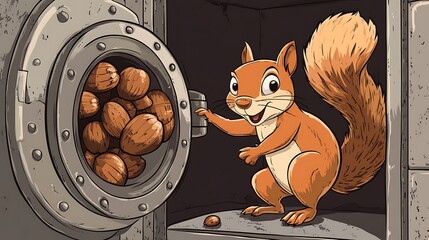 Squirrel gathering nuts from metal container