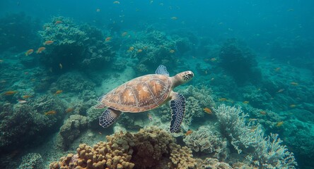 Fototapeta premium Green Sea Turtle Swimming Gracefully Over a Vibrant Coral Reef, Underwater Scene.